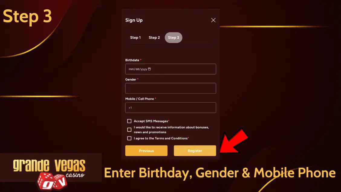 Grande Vegas casino enter birthday and other info